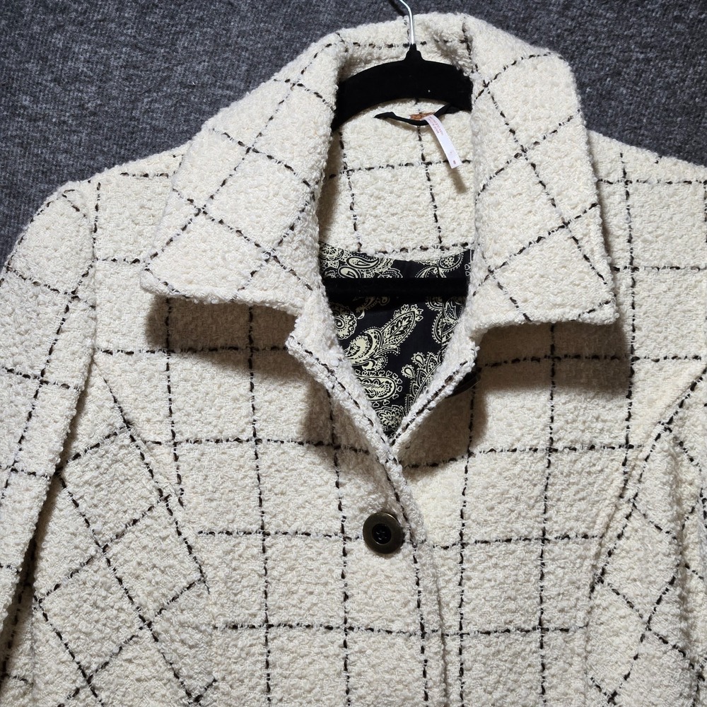 Free People Women's Check Grid Long Over Coat Jacket Sz 8 Ivory / Cream - Picture 3 of 11